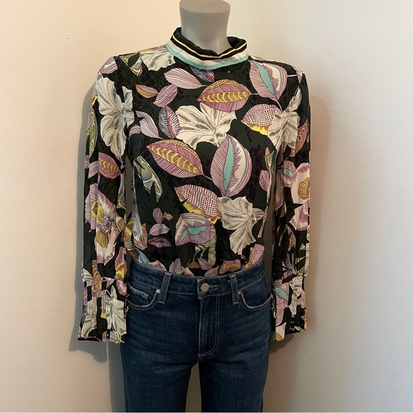 Reiss blouse long sleeve viscose floral multicolor green size zero - Picture 1 of 10